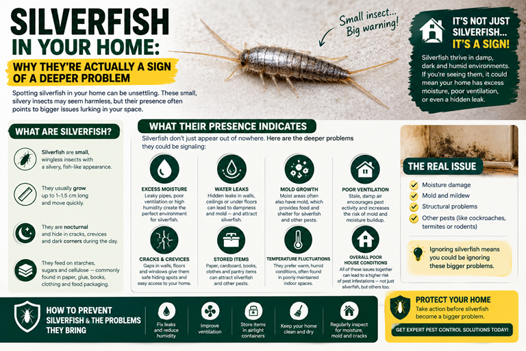Introduction You find a small, silvery insect moving quickly across your bathroom floor or inside a cupboard. It's fast, moving in a distinctive side-to-side motion. If it disappears before you can get a better look, you might dismiss it—a random pest that found its way inside. If you see them regularly—in the bathroom, near the kitchen, in closets, or in storage areas—it means something else: your home has an environment that silverfish find attractive. Silverfish are often overlooked as minor household pests. They're not aggressive, they don't bite, and they're usually seen only occasionally. Many homeowners tolerate them without recognizing what their presence actually indicates. That's a mistake. Silverfish are indicators of something wrong with your home—typically a moisture or humidity problem that, if left unaddressed, can lead to larger pest issues and structural damage. Understanding what silverfish reveal about your home is more important than killing the individual insects you see. ________________________________________ What Silverfish Actually Are Silverfish (family Lepismatidae) are small, wingless insects that thrive in specific environmental conditions. Common species in Indian homes include Lepisma saccharina (the common silverfish) and Ctenolepisma longicaudata (the banded silverfish). They're not destructive in the way termites or wood-boring beetles are. They don't carry disease. They're not dangerous to humans. But they're extremely efficient at exploiting the exact conditions that indicate moisture problems in homes. Silverfish are primarily nocturnal. You rarely see them during the day—which is why many homeowners are unaware of how many are actually present. If you're seeing them regularly during daylight hours, the population is likely substantial. They live 2-8 years, depending on conditions. A single female can produce thousands of offspring across her lifetime. This means a few silverfish you see today could represent a significant population in a few months. ________________________________________ Humidity: The Primary Indicator Silverfish are moisture-dependent insects. They cannot survive in dry environments. They require humidity levels of at least 75-80% to reproduce and thrive. If silverfish are present in your home, your home has persistent humidity or moisture problems. This is the key point many homeowners miss: The presence of silverfish is diagnostic. It tells you something is wrong with moisture control, not just that a random pest found its way inside. Common sources of persistent humidity in Indian homes: Bathroom moisture — Bathrooms are the most common silverfish location because bathrooms naturally accumulate moisture. Shower steam, wet floors, and inadequate ventilation create ideal conditions. If you're seeing silverfish regularly in your bathroom, you have a humidity problem—either the bathroom isn't drying properly after use, or there's moisture accumulation that never fully dries. Kitchen moisture — Areas around sinks, under-counter leaks, or poorly ventilated cooking areas accumulate moisture. Silverfish often appear near kitchens when there's hidden water accumulation—under the sink, inside cabinets, or in wall cavities. Basement or ground-floor moisture — In older homes or those with water seepage issues, basements are prime silverfish habitat. Moisture from the ground migrating into basement walls creates perfect conditions. Finding silverfish in basements often indicates water infiltration that should be addressed. Monsoon-related moisture — During and after monsoon season in Uttar Pradesh, humidity levels spike throughout homes. Many homeowners notice silverfish appearing or increasing during this period. This is expected—the humidity is higher. But if silverfish persist after monsoon ends and humidity normalizes, it suggests the home retains moisture or has an ongoing water issue. Laundry or storage areas — Rooms where clothes are dried indoors or where items are stored in humid conditions attract silverfish. Poor ventilation in these areas combined with moisture from fabrics creates ideal habitat. The presence of silverfish essentially tells you: "There is an area of your home where humidity remains consistently high." ________________________________________ Starch Sources: Why Silverfish Settle While humidity is the primary requirement, silverfish also need food. Their diet consists primarily of starches and carbohydrates. Common food sources in homes: • Paper (including books, documents, wallpaper) • Cardboard (boxes, storage containers) • Dried foods (flour, grains, cereals) • Fabric with starch sizing • Adhesives and glue (often made from starch) • Bookbindings and paper products Silverfish are often found in cupboards, storage areas, and closets because these locations combine humidity, darkness, and food sources. They're attracted to starch-containing items and can cause damage to books, documents, and stored fabrics over time. In Indian homes, silverfish commonly establish in: • Storage cupboards in kitchens (starch and humidity from cooking) • Bedroom closets (fabric, darkness, and accumulated moisture) • Areas where books or papers are stored (starch in paper and bindings) • Under-sink cabinets (moisture + potential food sources) If you're finding silverfish consistently in a particular location, that location has both persistent moisture and available starches. Addressing only the moisture will reduce numbers, but removing the food source (or at least making it less accessible) is equally important. ________________________________________ Harbourage: Where Silverfish Hide Silverfish are cryptic. They hide in tight spaces during the day and forage at night. Understanding their harbourage helps explain why you might see them occasionally but not realize how many are present. Ideal silverfish harbourage includes: • Cracks and crevices in walls or around baseboards • Gaps behind cupboards or under countertops • Inside wall cavities where pipes run (pipes accumulate condensation, creating moisture) • Behind wallpaper or within damaged plaster • Inside cardboard boxes or storage containers • Beneath loose floorboards or in crawl spaces • Inside foam insulation (if it's damaged or exposed) Silverfish prefer tight spaces where they're protected from light and disturbance. A single silverfish you see crossing the bathroom floor may be just one individual from a population hiding in cracks, under cabinets, or inside walls. This is why treating only visible silverfish is ineffective. The population remains hidden, and new individuals continue to forage at night. Even if you kill several silverfish, dozens more may remain in harbourage areas. ________________________________________ What Silverfish Reveal About Your Home The presence of silverfish is essentially a moisture audit. It tells you where humidity problems exist. Regular silverfish in the bathroom suggests: • Poor bathroom ventilation • Moisture that doesn't dry properly after showers • Possible water leakage from plumbing inside walls • Inadequate exhaust fan operation or installation Silverfish in the kitchen suggests: • Moisture accumulation from cooking or water use • Leaking pipes under sinks or inside cabinets • Poor ventilation removing cooking moisture • Water accumulation in walls where utilities run Silverfish in bedrooms or living areas suggests: • General home humidity (poor air circulation, high ambient moisture) • Possible water seepage or moisture infiltration • Humidity from indoor laundry drying Silverfish in basements or ground floors suggests: • Water infiltration from the ground or foundation • Poor drainage around the home • Rising damp or capillary moisture • Inadequate waterproofing In Lucknow and Kanpur, where monsoon brings extended humidity, silverfish populations often increase during rainy season. If they disappear after monsoon ends, the issue is seasonal humidity. If they persist or remain numerous year-round, the home has an underlying moisture problem that exists regardless of season. ________________________________________ Seasonal Patterns in Indian Homes Silverfish activity in North India follows seasonal humidity patterns. Monsoon (June-September): Silverfish populations spike because humidity throughout homes increases. Moisture seeps into walls, condensation accumulates, and storage areas become damp. If your home is well-ventilated and dries quickly after rains, silverfish may decrease. If moisture lingers, they thrive. Post-monsoon (October-November): Humidity gradually decreases, but homes retain moisture. Silverfish may remain abundant if areas remain damp. Winter (December-February): Humidity typically drops. Silverfish populations usually decline because conditions become less favorable. If silverfish persist during dry winter months, it indicates an indoor moisture problem (like a leaking pipe or persistent dampness in a specific area) rather than seasonal humidity. Summer (March-May): In some homes, summer humidity from air conditioning or from buildings that don't dry well can support silverfish. In well-ventilated homes, populations usually decline. ________________________________________ Why Silverfish Matter Beyond the Pest Itself Silverfish don't damage homes the way termites do, and they're not disease vectors like cockroaches. But their presence indicates conditions that support other pest problems and can cause structural damage. Moisture attracts other pests: Cockroaches, ants, and other moisture-loving insects are often found in the same areas as silverfish. If you have silverfish, you likely have conditions attracting other pests too. Moisture damages structures: Persistent moisture leads to mold, mildew, wood rot, and structural degradation. Silverfish are just the visible indicator of a larger problem. Moisture increases other infestations: High humidity and moisture are ideal for wood-boring insects, termites, and fungal issues. Addressing moisture early prevents more serious problems later. ________________________________________ What You Can Do Start by identifying where you're seeing silverfish. This is your moisture map. Reduce humidity: • Improve bathroom ventilation (run exhaust fans during and 20-30 minutes after showers) • Ventilate cooking areas properly • Ensure laundry dries in well-ventilated spaces • Use dehumidifiers in consistently damp areas • Improve air circulation with fans Remove food sources: • Store starches (flour, grains, cereals) in sealed containers • Store books and documents in dry areas with good air circulation • Avoid stacking cardboard boxes; store items in sealed plastic containers instead • Remove old papers, books, or items you don't need Seal harbourage: • Caulk cracks and crevices in walls and around baseboards • Seal gaps behind cupboards and under countertops • Address damaged plaster or gaps where pipes enter Fix moisture sources: • Repair leaking pipes under sinks and inside cabinets • Ensure gutters and downspouts direct water away from the home • Check for water seepage or dampness in basements • Improve drainage around the foundation if water accumulation occurs after rain ________________________________________ When Professional Assessment Is Needed If silverfish persist despite efforts to reduce humidity and remove food sources, the problem likely involves: • Hidden water leaks inside walls • Structural moisture problems requiring professional assessment • Ventilation systems that aren't functioning properly • Foundation or water-infiltration issues needing specialist input A professional pest-management inspection can identify where populations are concentrated, what specific moisture issues are supporting them, and whether treatment is needed while the underlying moisture problem is being addressed. In Kanpur, Lucknow, and Jhansi, older homes often have moisture-related issues that aren't obvious during normal inspection. Professional assessment can identify these problems before they lead to structural damage or larger pest infestations. ________________________________________ Conclusion Silverfish are often dismissed as minor household pests. In reality, they're indicators. Their presence tells you something is wrong with moisture control in your home. Rather than focusing on killing individual silverfish, the real solution is identifying what moisture problem they're revealing and addressing that underlying issue. Once you reduce humidity to unsuitable levels, silverfish populations naturally decline—without needing extensive treatment. If silverfish activity is persistent and reducing humidity hasn't helped, the problem likely involves hidden moisture issues that benefit from professional assessment. At Green Track Pest Control, we work with homeowners across Lucknow, Kanpur, and Jhansi to identify moisture-related pest problems and develop practical solutions. If silverfish are appearing regularly in your home, start by identifying the moisture source. That's usually where the real problem lies.